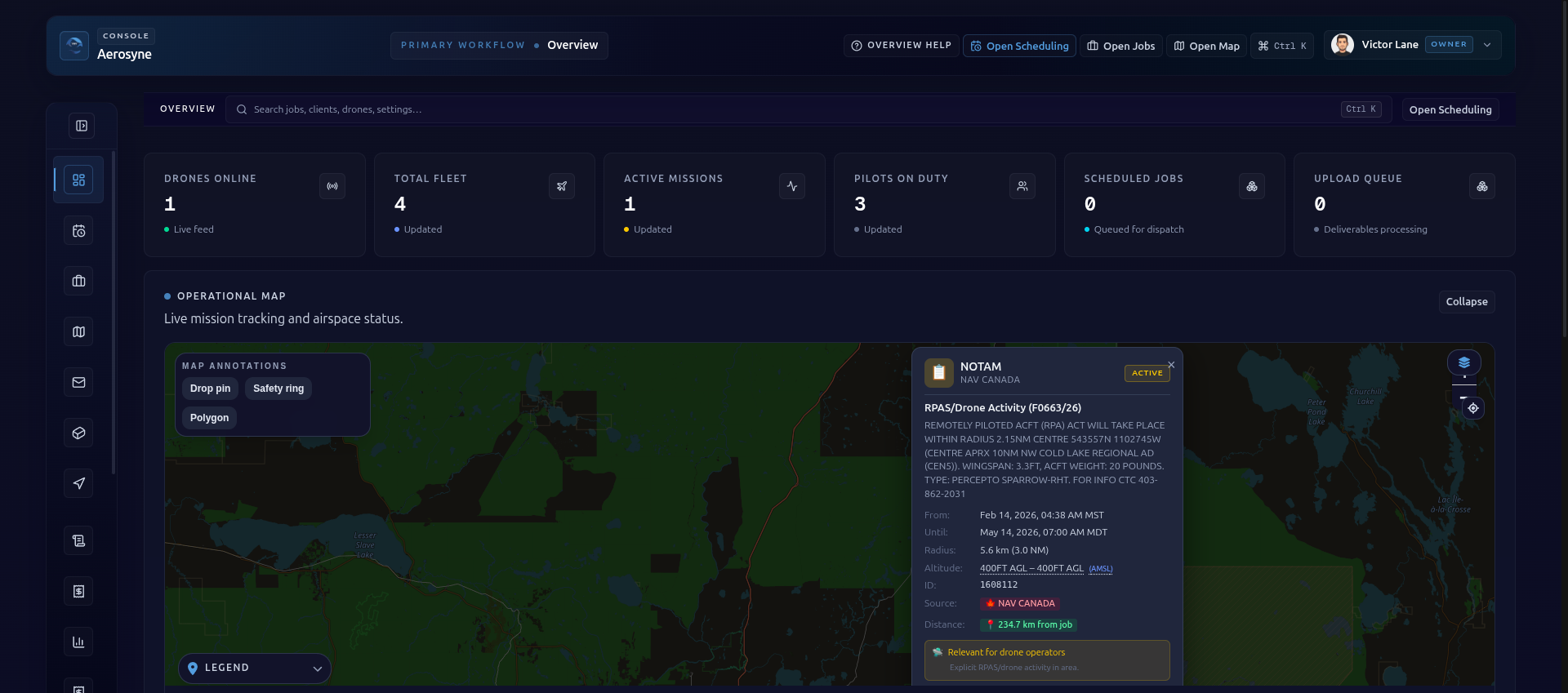 Aerosyne Console overview showing fleet KPIs, mission activity, and operational context.