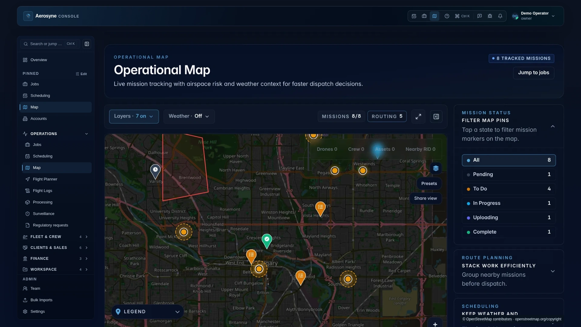 Aerosyne Console interface: See the whole operation, sample data