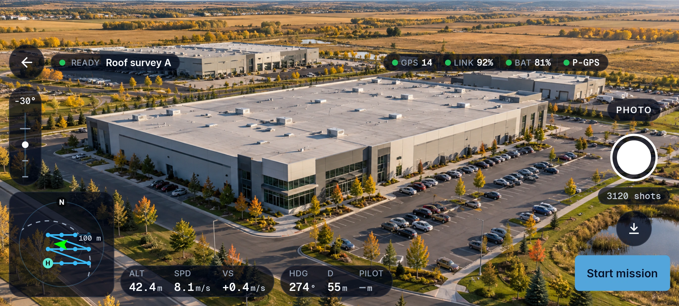 Current Aerosyne Pilot Fly interface over illustrative AI-generated mock aerial camera imagery with simulated mission data