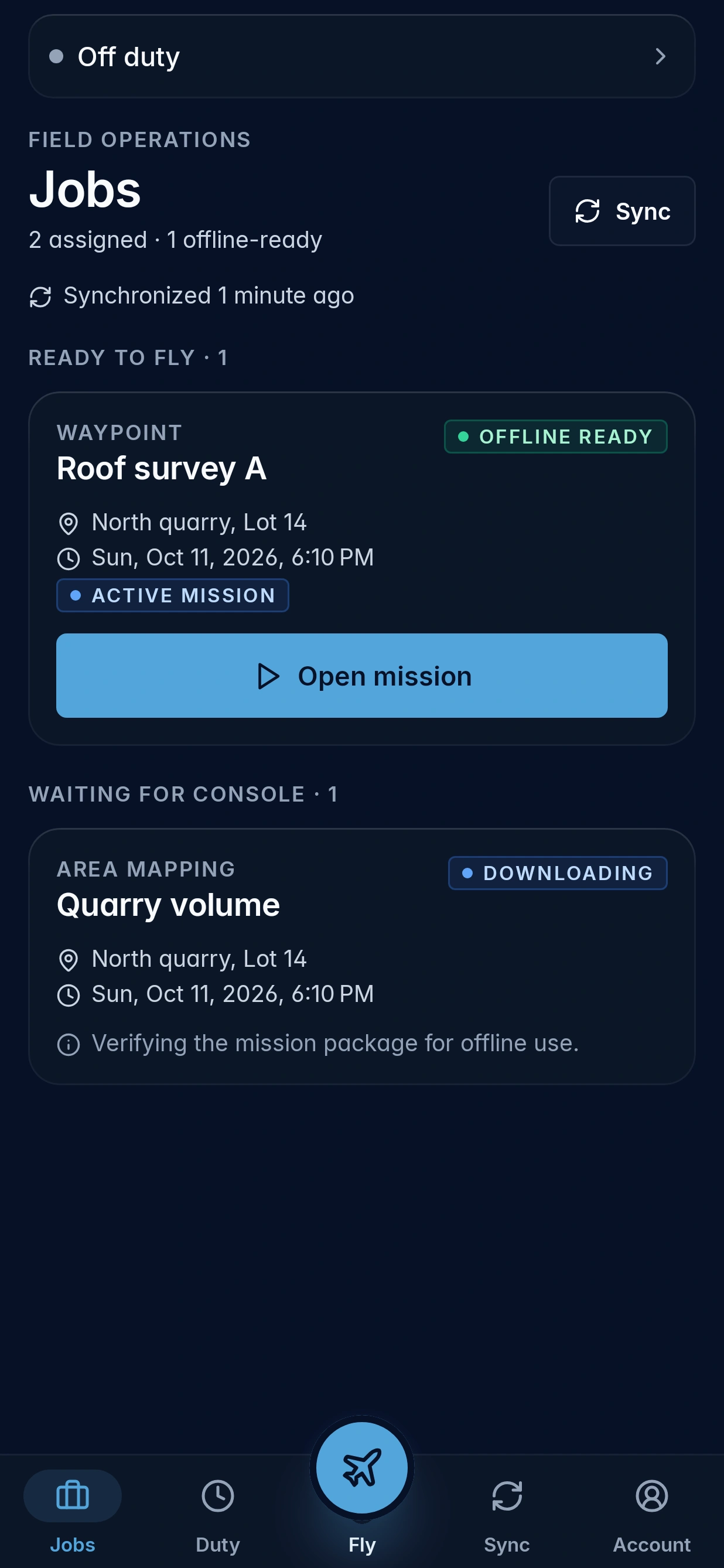 Assigned jobs in the Aerosyne Pilot beta app, including the duty strip and bottom navigation