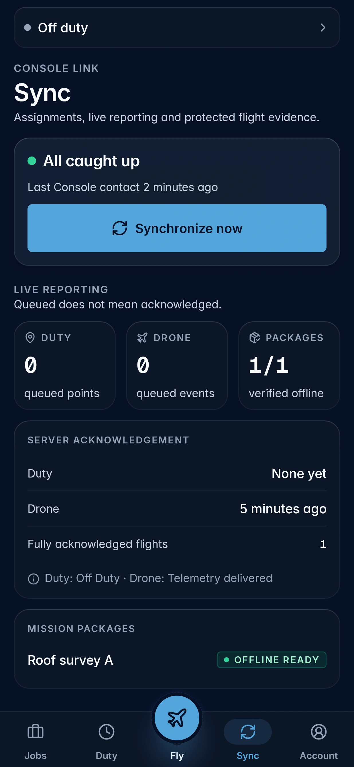 Flight record sync view in the Aerosyne Pilot beta app, including the duty strip and bottom navigation