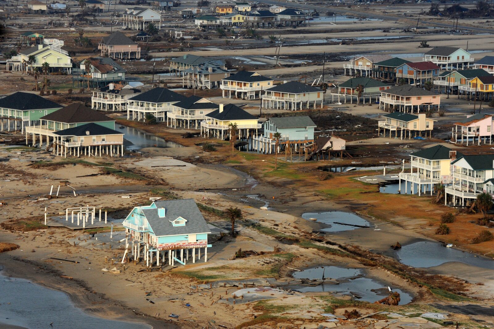 Aerial view of a damaged neighborhood in Texas after Hurricane Ike — representative of the rapid damage assessment imagery disaster response drone teams capture