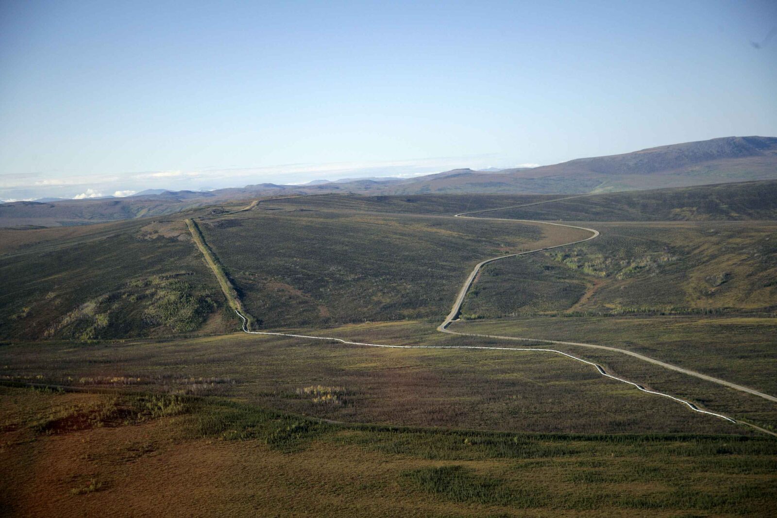Aerial view of the Trans-Alaska oil pipeline crossing remote terrain — representative corridor for pipeline drone inspection and ROW monitoring